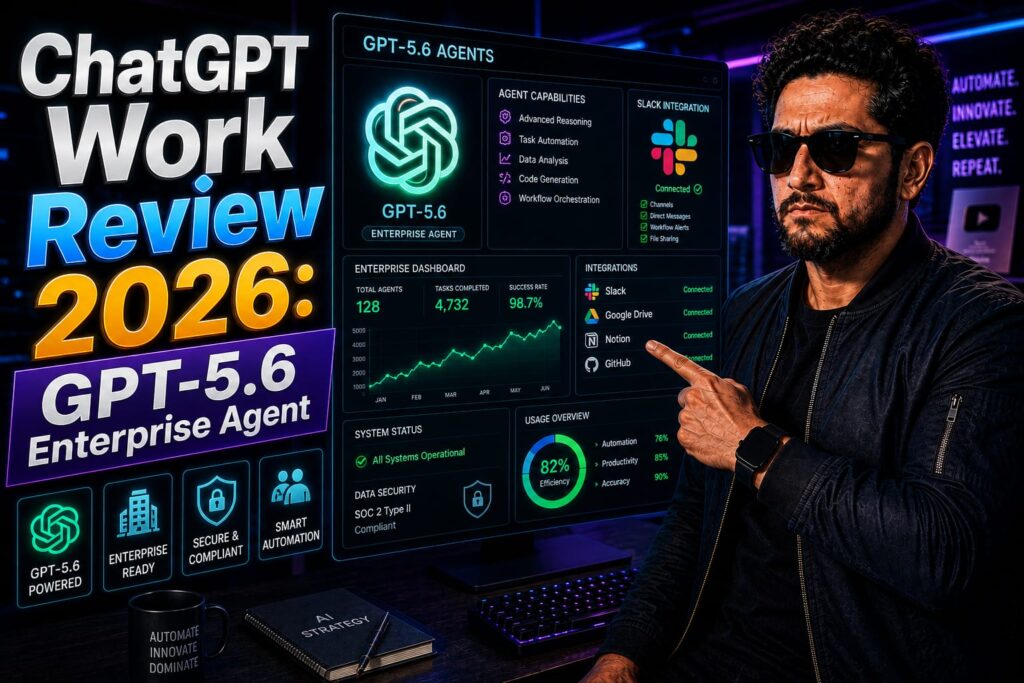 ChatGPT Work Review: Corporate professional analyzing GPT-5.6 autonomous agents on a digital workspace dashboard