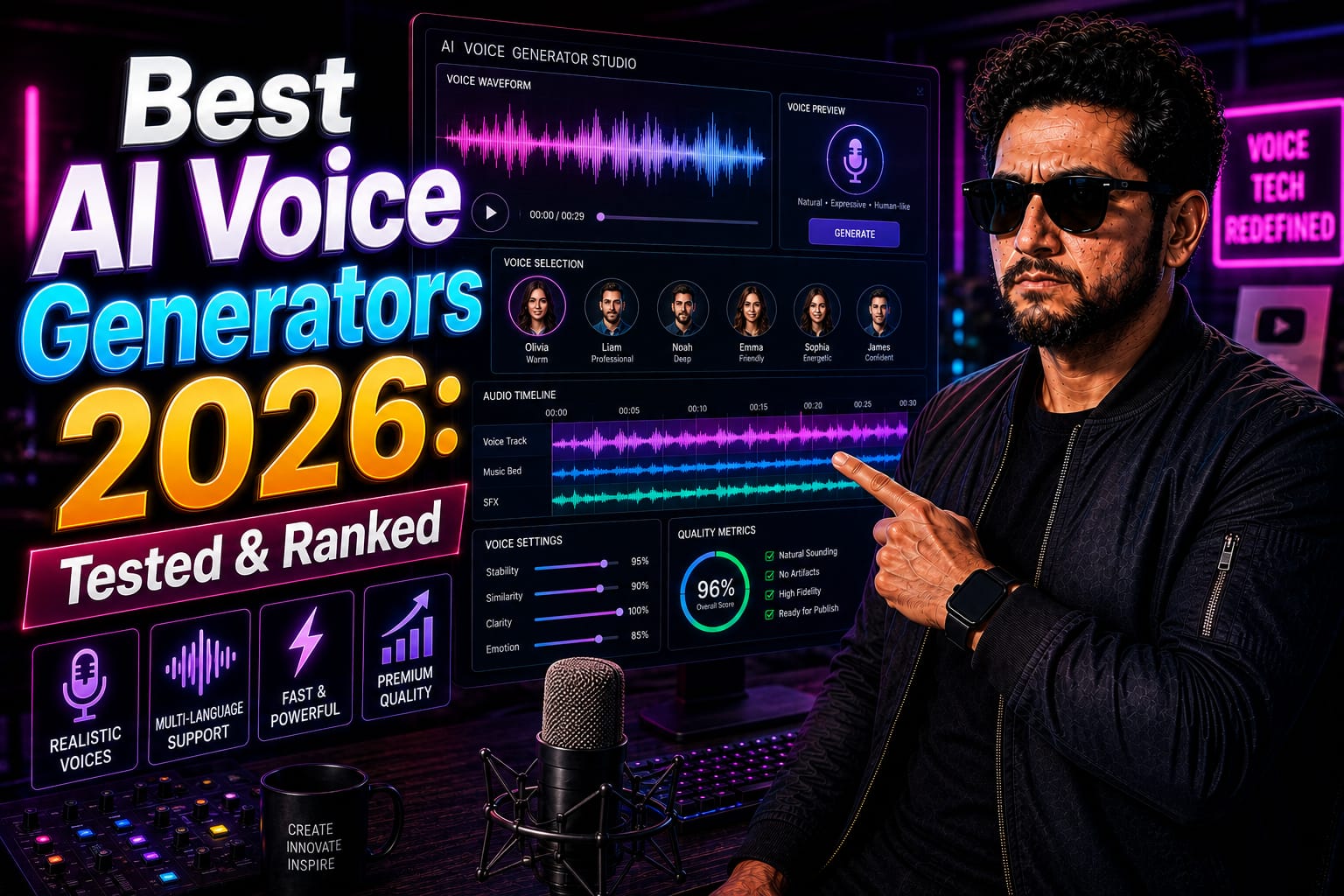 Best AI Voice Generators: Content creator managing a timeline of digital voice clones and sound effects on a neon-lit studio monitor