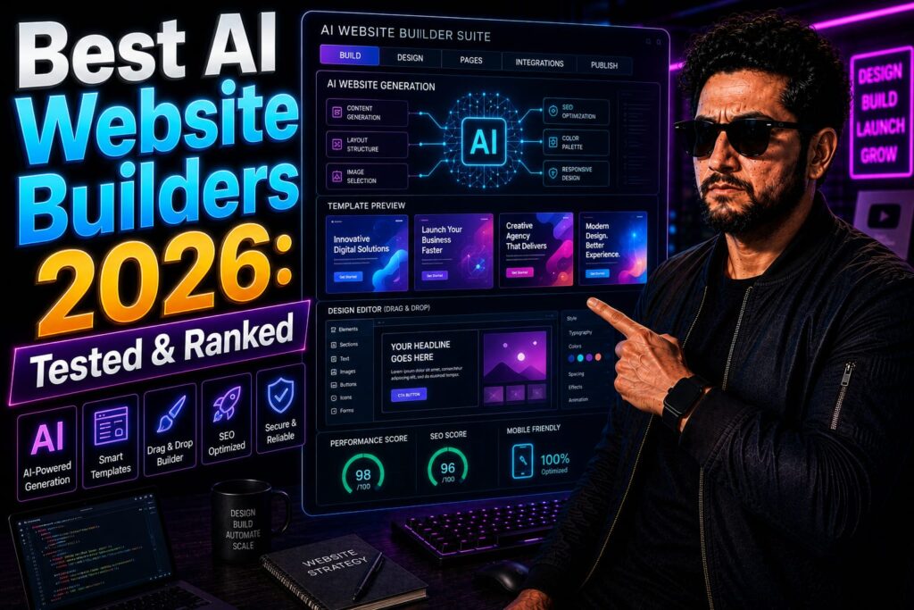 Best AI Website Builders: Lead web designer analyzing AI-generated wireframes and landing pages on a dark-mode dual-monitor setup