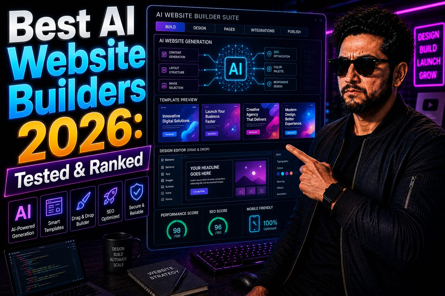 Best AI Website Builders: Lead web designer analyzing AI-generated wireframes and landing pages on a dark-mode dual-monitor setup
