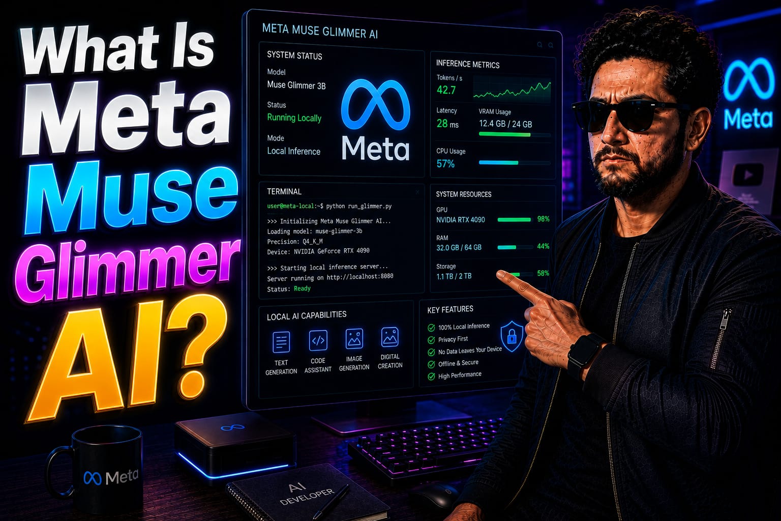 Meta Muse Glimmer AI: Software developer monitoring local agentic workflows and inference data on a neon-lit dual-monitor setup