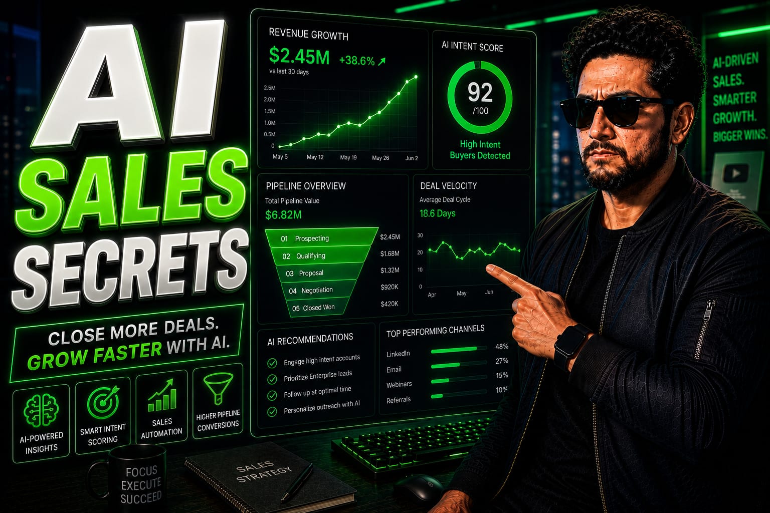 Best AI Sales Tools: B2B revenue operations manager analyzing predictive forecasting and pipeline health on a modern dual-monitor dashboard