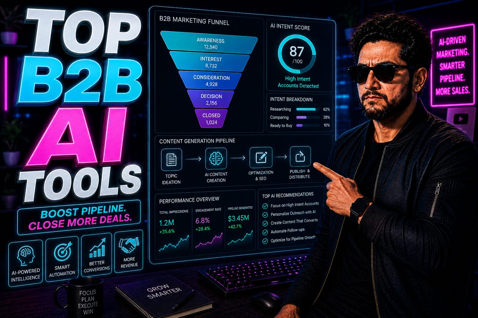 B2B Marketing AI: Digital marketing agency director analyzing AI-driven B2B revenue funnels and content pipelines on a dual-monitor dashboard