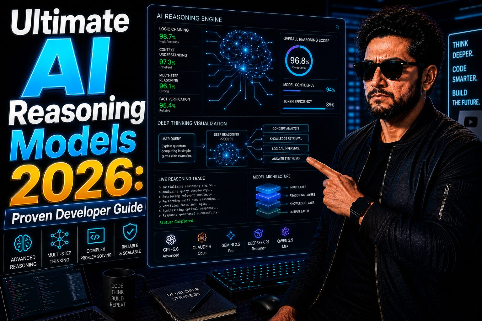 AI Reasoning Models: Senior software engineer monitoring autonomous coding agents and deep thinking benchmarks on a dark-mode multi-monitor setup