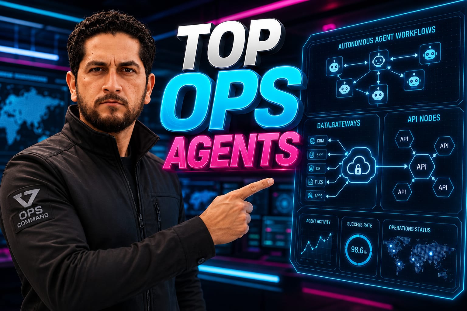 AI Agent Platforms: Senior operations manager monitoring autonomous workflow automation and secure data gateways on a dark-mode dual-monitor setup