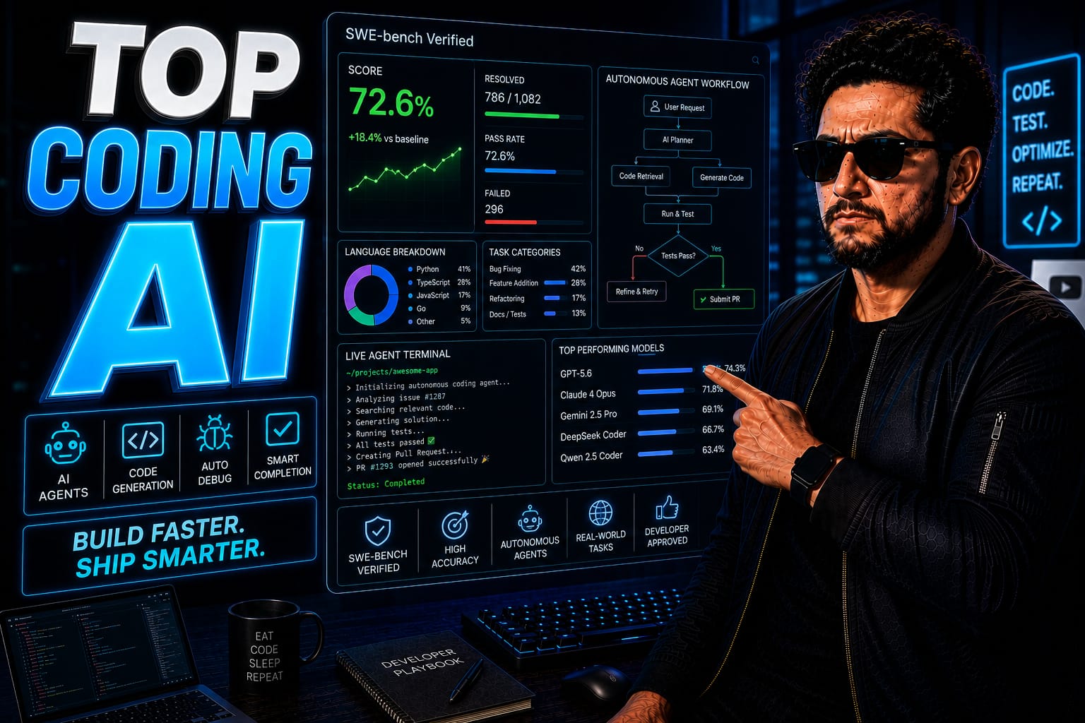 AI Coding Models: Senior software engineer monitoring autonomous coding agents and SWE-bench testing benchmarks on a dark-mode multi-monitor setup