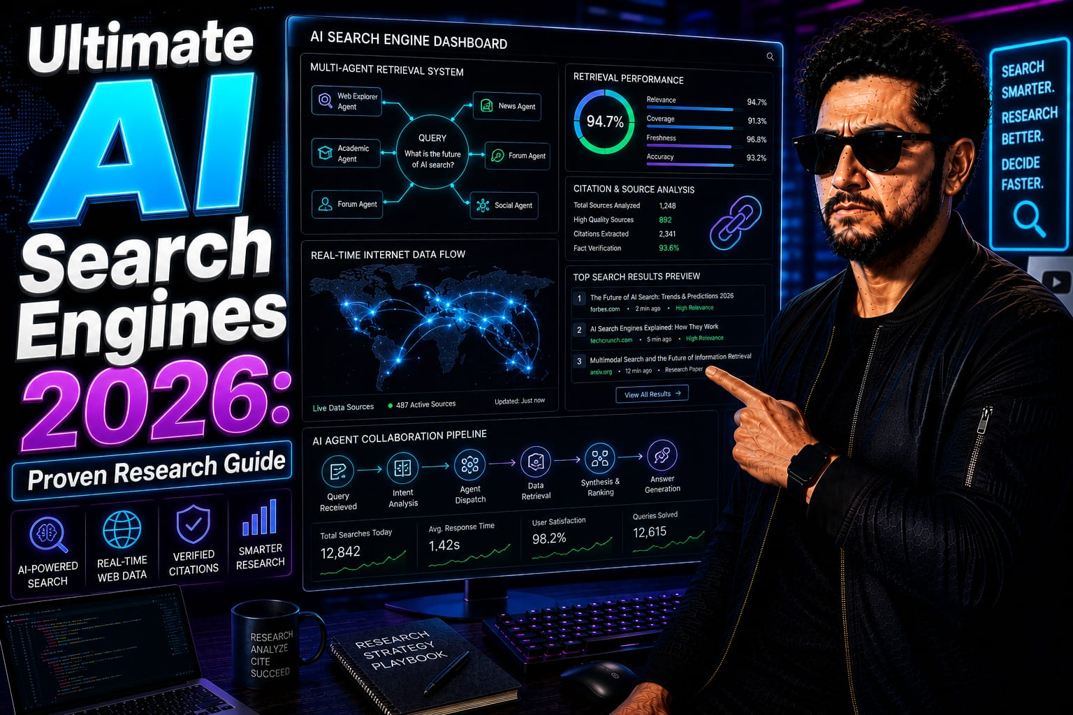 AI Search Engines: Senior technical researcher monitoring generative web retrieval queries and citation tracking on a dark-mode dual-monitor setup