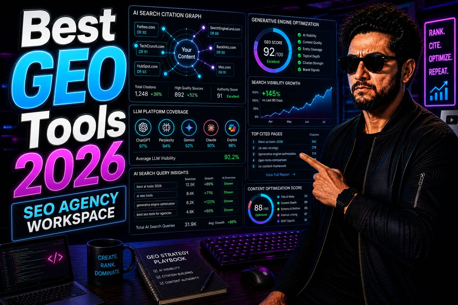 Best GEO Tools: Senior SEO agency director analyzing Generative Engine Optimization metrics and AI search citations on a dual-monitor dashboard