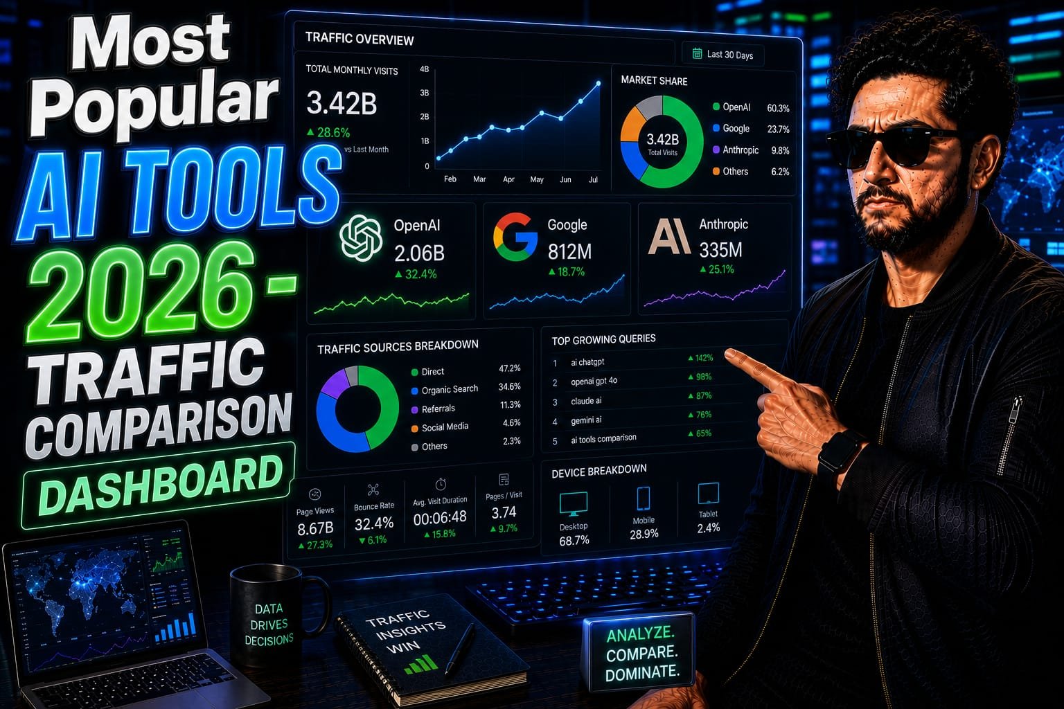 Most Popular AI Tools: Senior data analyst reviewing global web traffic charts and market share metrics for generative AI platforms on a dark-mode dual-monitor setup