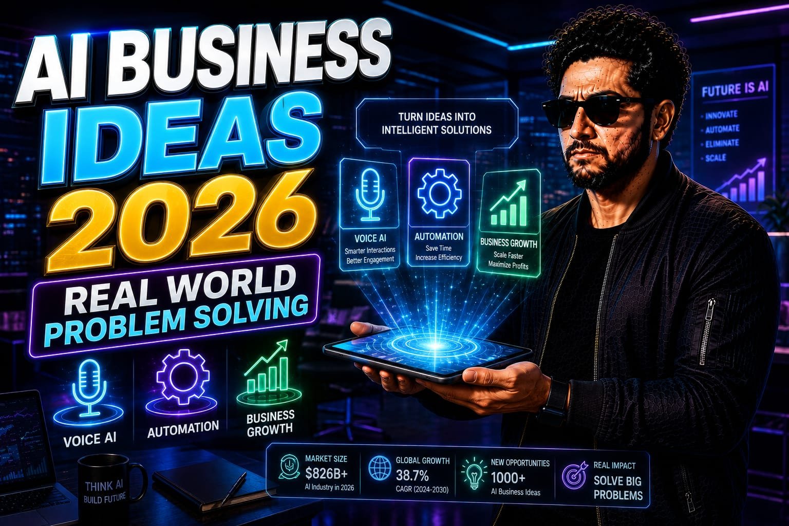 AI Business Ideas: Senior digital consultant analyzing profitable automation workflows and agentic engineering models on a glowing dual-monitor setup.