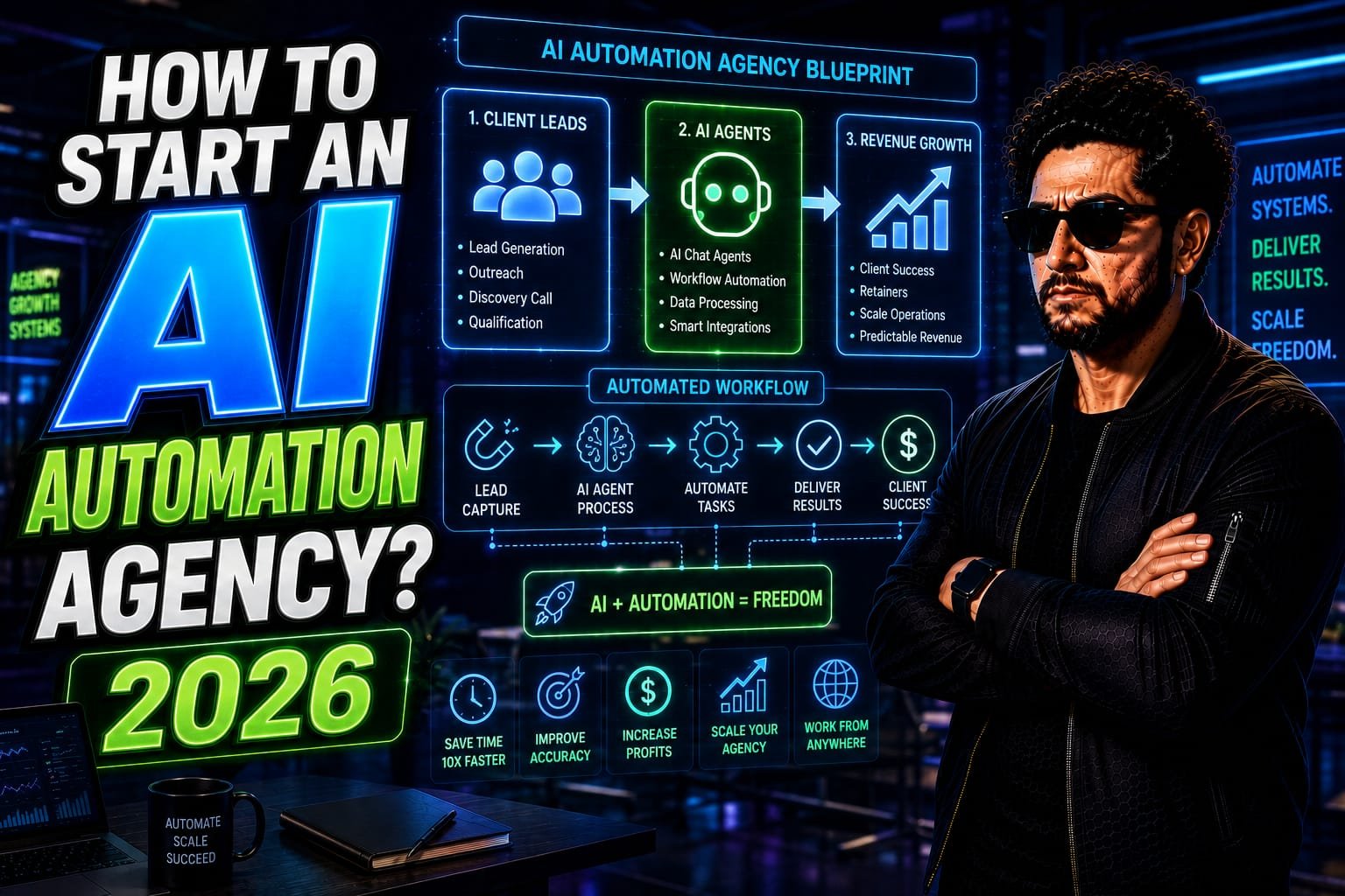 AI Automation Agency: Senior automation consultant presenting custom workflow pipelines and AI agent frameworks to a B2B client on a glowing holographic boardroom display.