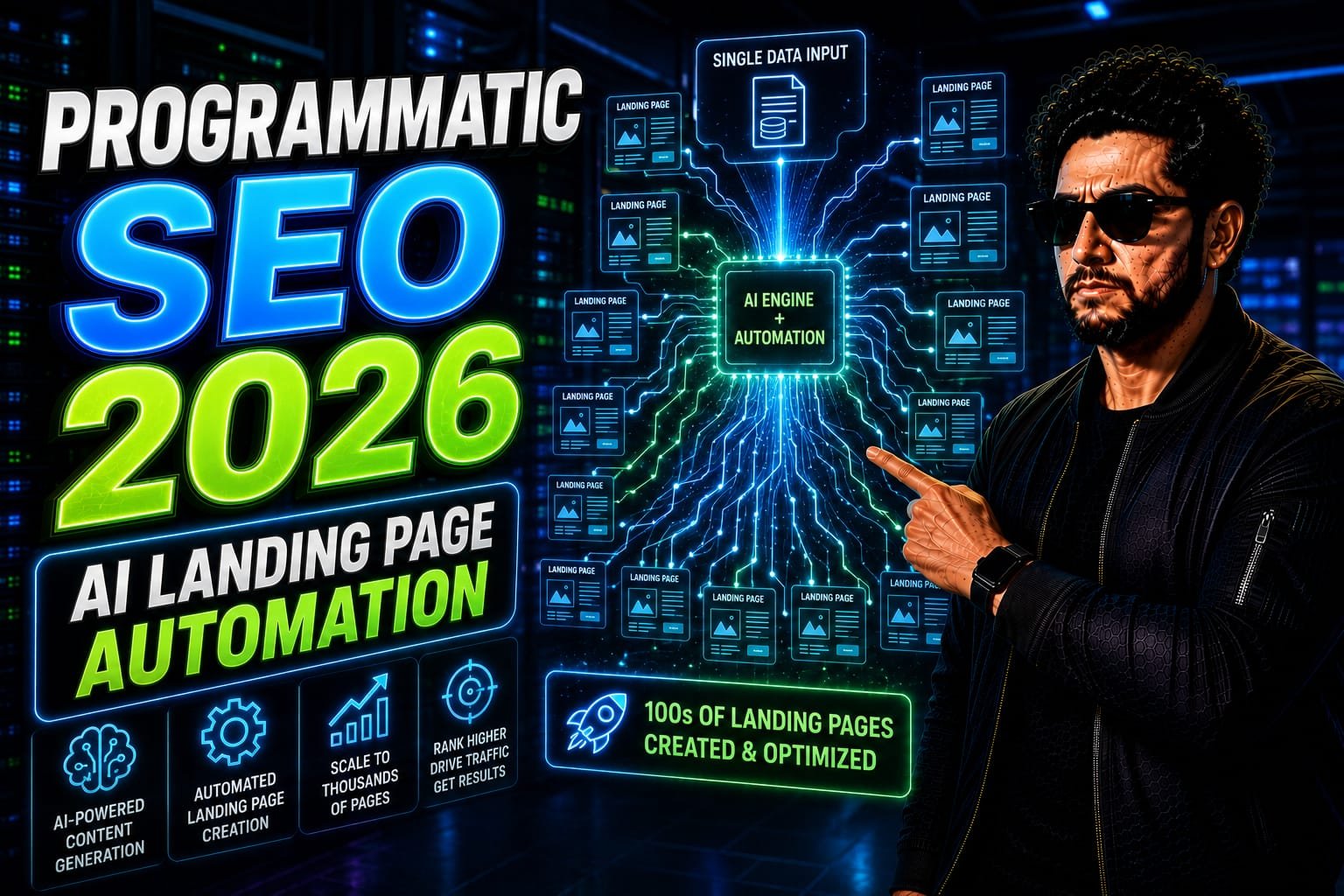 Programmatic SEO: Senior digital marketer monitoring a massive automated network of interconnected AI landing pages on a futuristic dark-mode multi-screen dashboard.