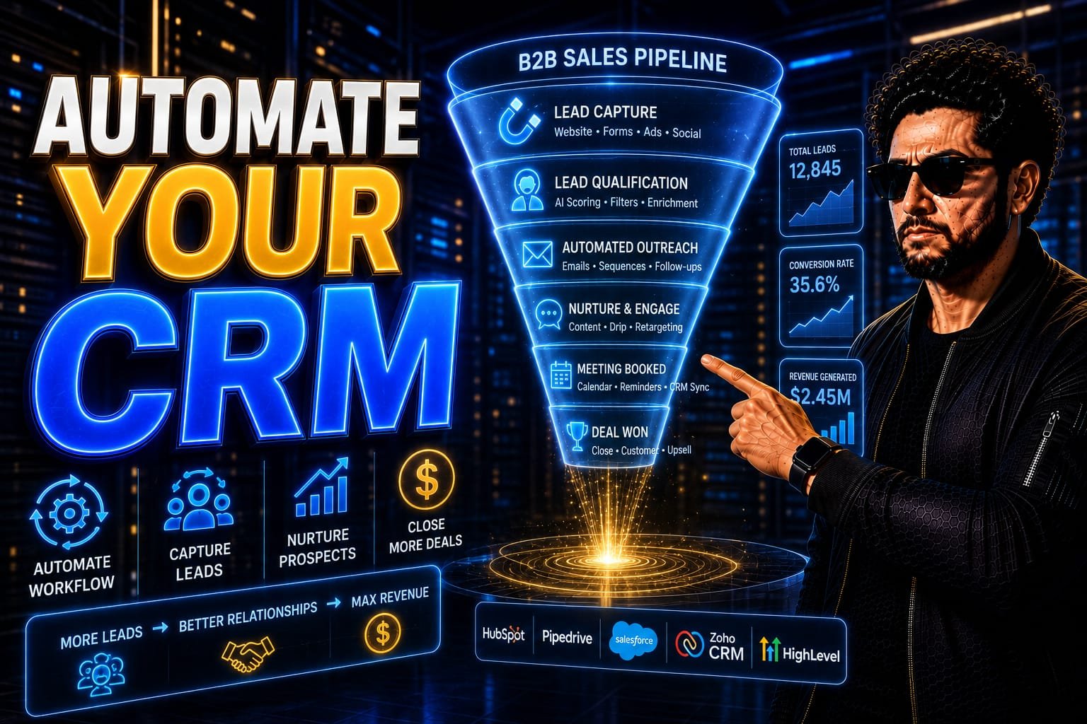 AI CRM Automation: Senior digital strategist configuring autonomous sales pipelines on a glowing multi-screen dashboard.