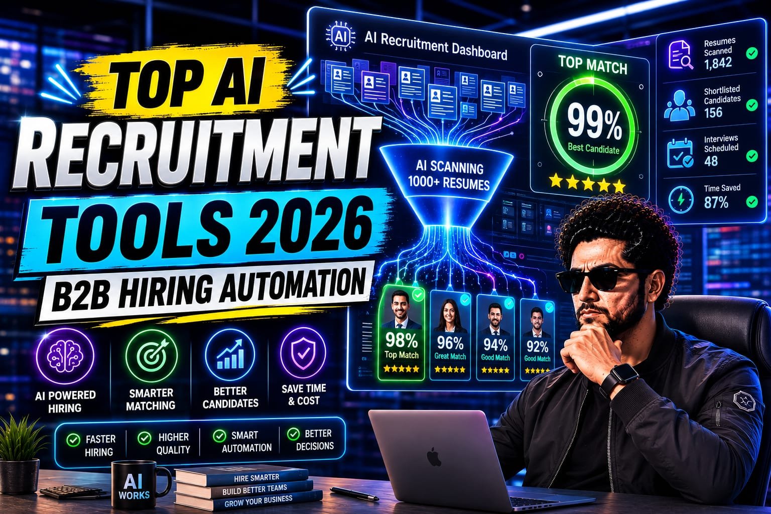 AI Recruitment Tools: Senior HR technology consultant analyzing an automated candidate matching pipeline on a glowing dual-monitor digital dashboard.