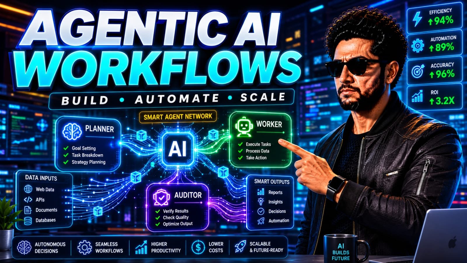 Autonomous Agentic Workflows: Senior AI systems architect orchestrating a complex network of multi-agent nodes and autonomous execution pipelines on a futuristic dark-mode holographic interface.