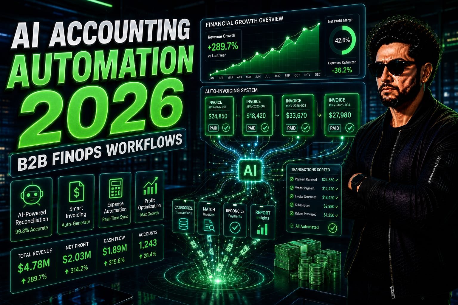AI Accounting Automation: Senior financial operations director analyzing predictive cash flow analytics and automated GST reconciliation pipelines on a glowing multi-monitor dashboard.