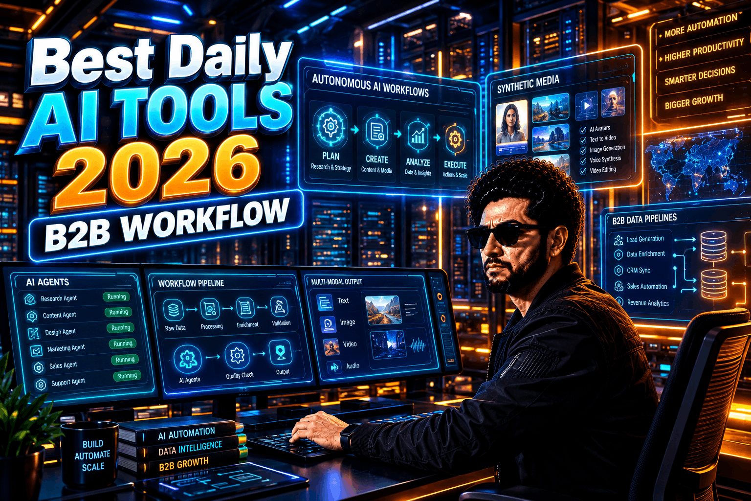 Daily AI Tools 2026: Senior tech architect operating a futuristic glowing multi-monitor control dashboard to manage autonomous B2B workflows and generative media pipelines.