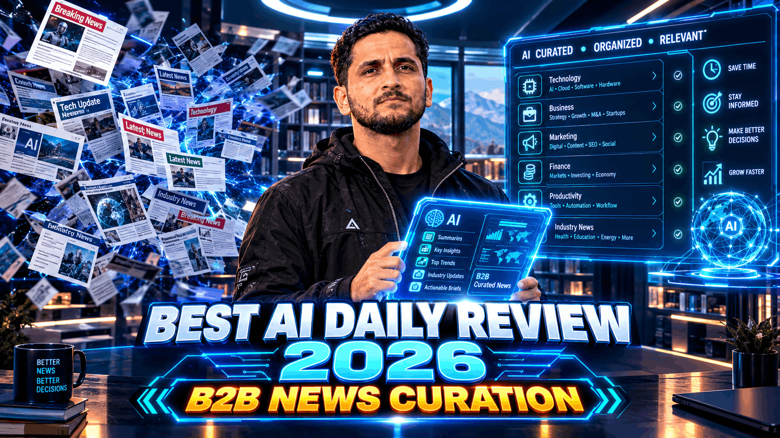 AI Daily Review: Senior tech editor analyzing a glowing holographic dashboard filtering thousands of news sources into a single bilingual AI daily report.