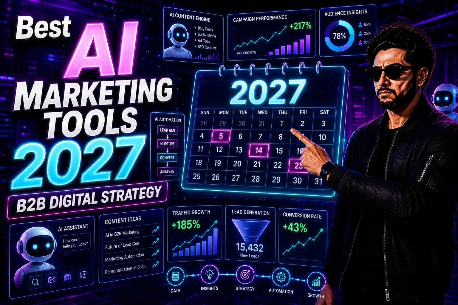 AI Marketing Tools 2027: Senior digital marketing director analyzing predictive lead generation pipelines and autonomous ad bidding campaigns on a futuristic holographic dashboard.