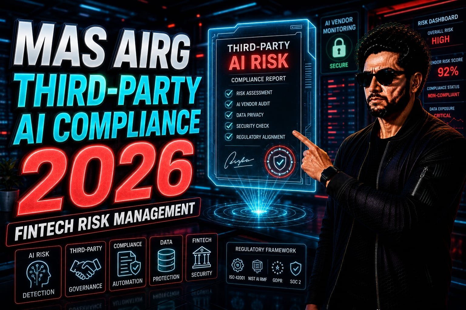 MAS AIRG Third-Party AI: Senior FinTech compliance officer analyzing AI vendor risk management dashboards and regulatory frameworks on a glowing dual-monitor setup.