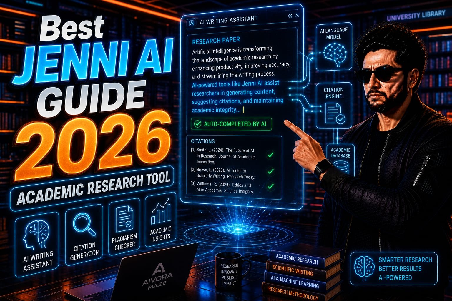 Jenni AI Guide: Senior tech consultant analyzing a glowing dual-monitor setup displaying academic research papers, automated citations, and predictive AI text generation.