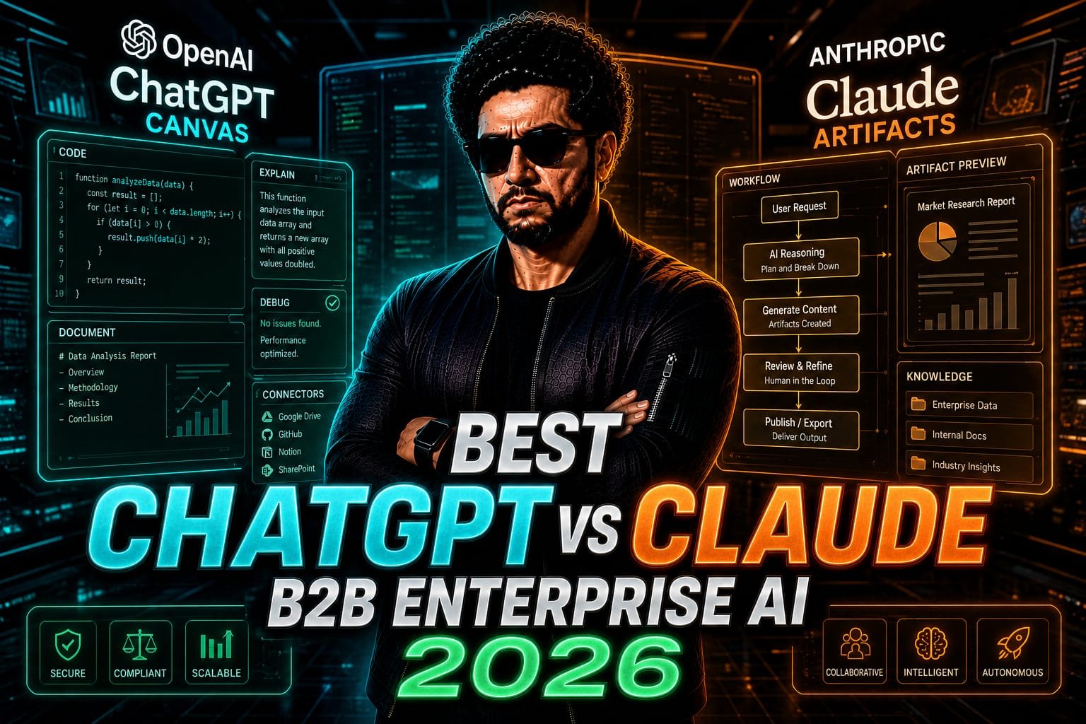 ChatGPT vs Claude B2B: Senior enterprise CTO comparing advanced AI orchestration dashboards and multi-agent workflows on a sleek dual-monitor setup in a high-tech boardroom.