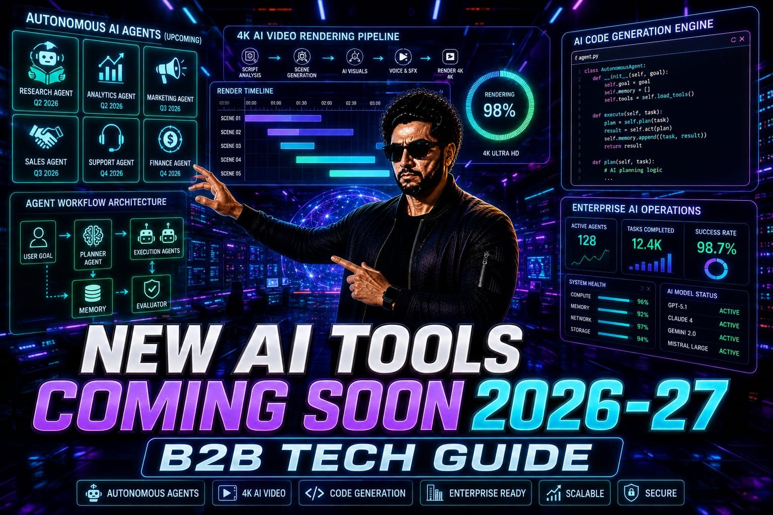 New AI Tools Coming Soon: Senior enterprise tech consultant analyzing upcoming autonomous coding agents, generative video engines, and multi-agent pipelines on a futuristic holographic interface.