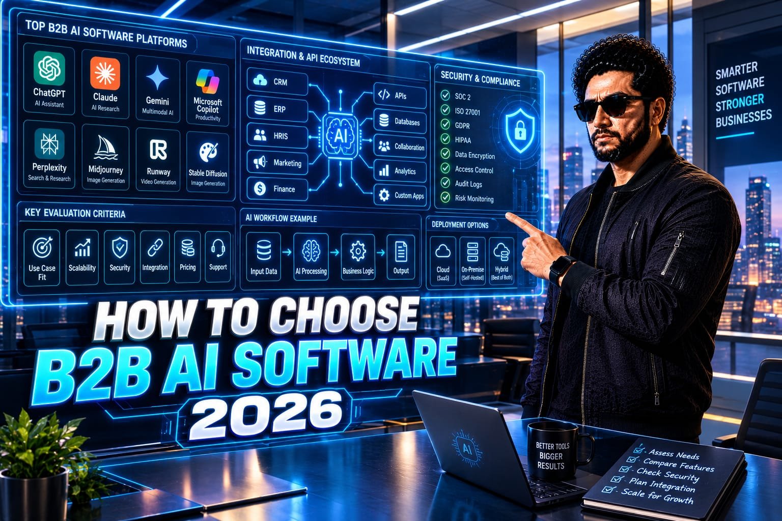 Choose B2B AI Software: Senior CTO evaluating advanced enterprise software analytics, API integrations, and AI compliance frameworks on a glowing holographic boardroom dashboard.