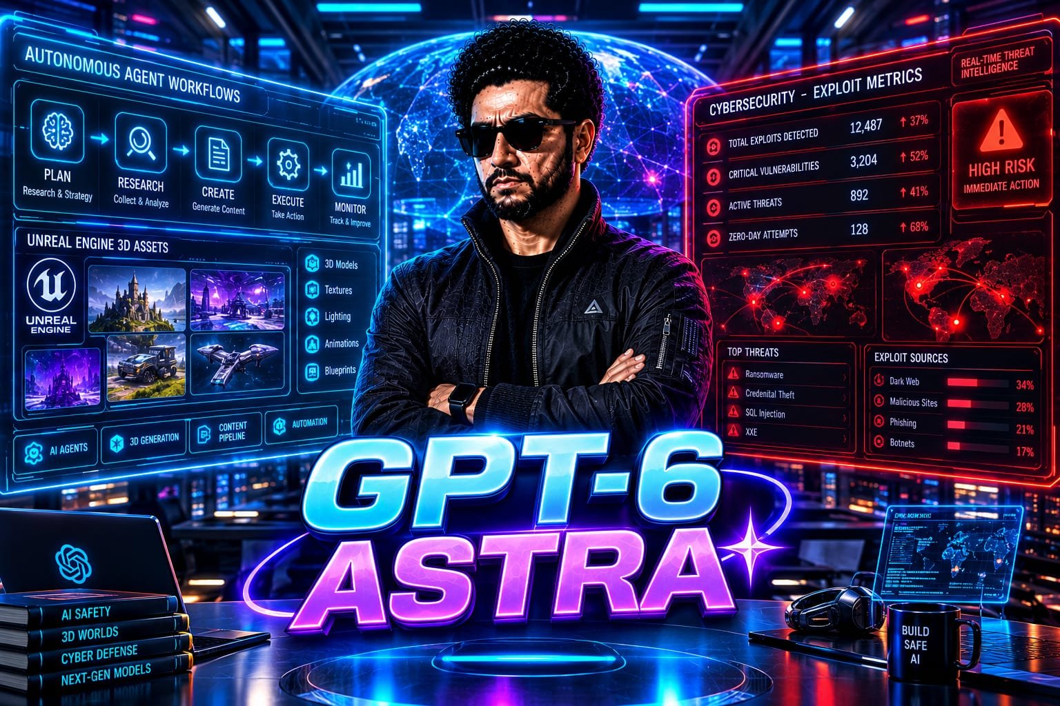 GPT-6 Astra B2B: Senior enterprise tech consultant analyzing a futuristic glowing multi-monitor dashboard displaying autonomous computer-use workflows, Unreal Engine 5 artifacts, and cybersecurity exploits.