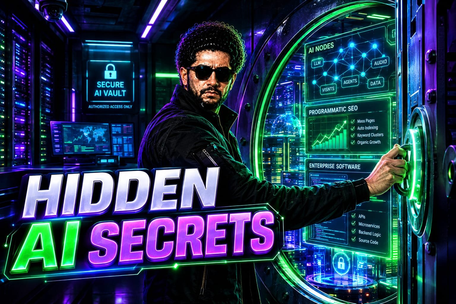 Hidden AI Tools 2026: Senior tech founder revealing a highly classified, glowing digital dashboard showcasing secret autonomous agents, programmatic SEO pipelines, and localized AI models.
