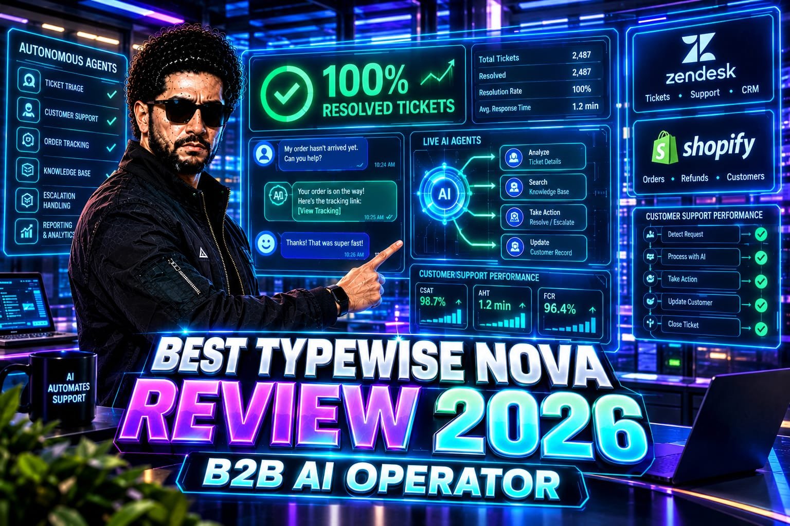 Typewise Nova Review: Senior B2B tech founder analyzing a glowing digital dashboard that displays autonomous customer experience agents, Zendesk integrations, and resolved ticket metrics.