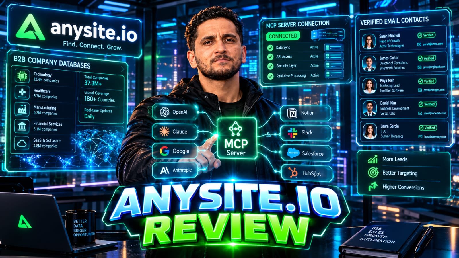 Anysite io Review: Senior tech consultant analyzing autonomous lead enrichment pipelines, Model Context Protocol endpoints, and B2B contact records on a glowing holographic interface.
