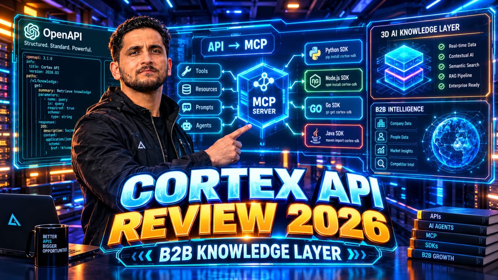 Cortex API Review: Senior tech architect operating a futuristic digital dashboard, seamlessly converting OpenAPI and GraphQL specs into glowing Model Context Protocol servers and typed SDKs.
