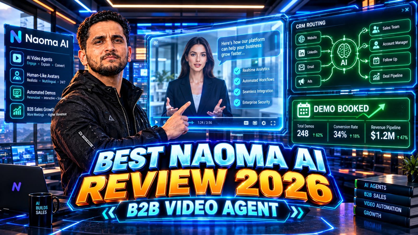 Naoma AI Review: Senior SaaS founder analyzing a futuristic digital dashboard displaying an autonomous human-like video agent giving a live software demo and routing qualified leads to a CRM pipeline.