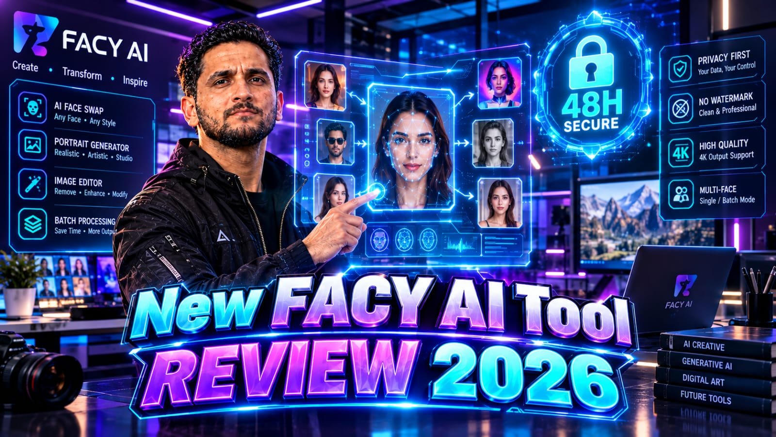 Facy AI Review: Senior digital marketing director analyzing a secure, glowing holographic interface displaying rapid face swap processing, group photo detection nodes, and a bold 48-hour data deletion padlock icon.