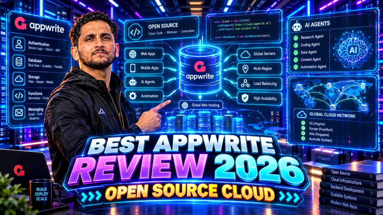 Appwrite Review 2026: Senior tech founder analyzing a glowing digital dashboard displaying autonomous AI agents, open-source database nodes, and global web hosting infrastructure.