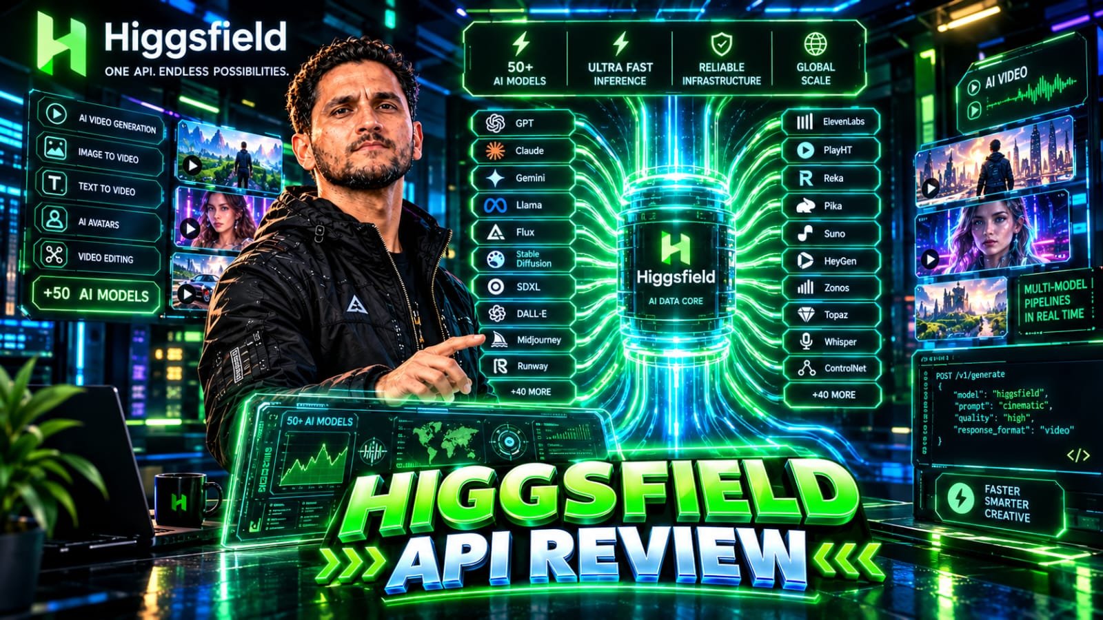Higgsfield API Review 2026: Senior technical founder analyzing a glowing digital operations dashboard streaming real-time video generation pipelines and 50+ AI model integration nodes.