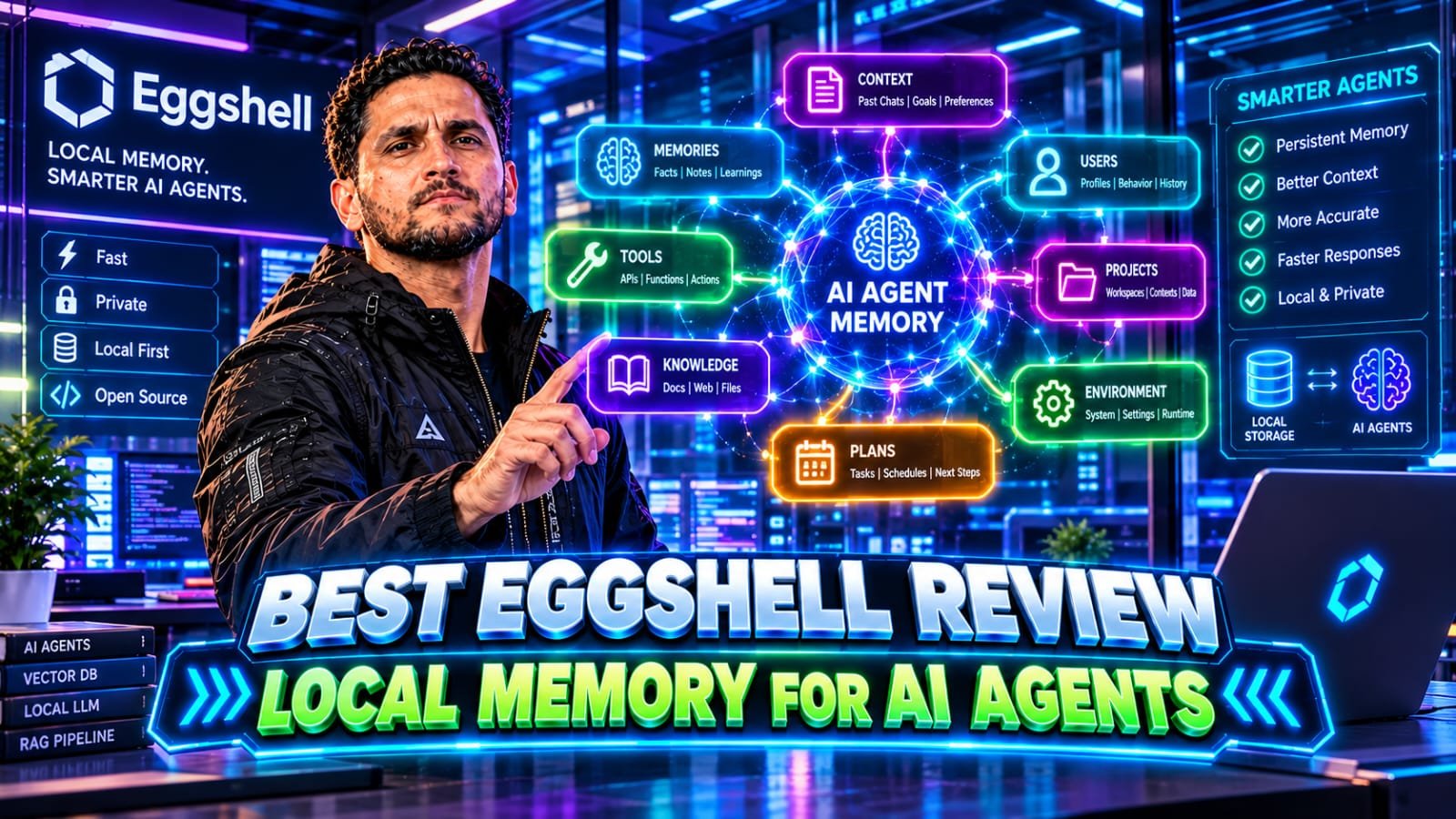 Eggshell Review: Senior technical founder analyzing a glowing digital graph-based memory structure for AI agents, built with GPT-6 Astra, optimizing token usage on a high-tech dashboard.