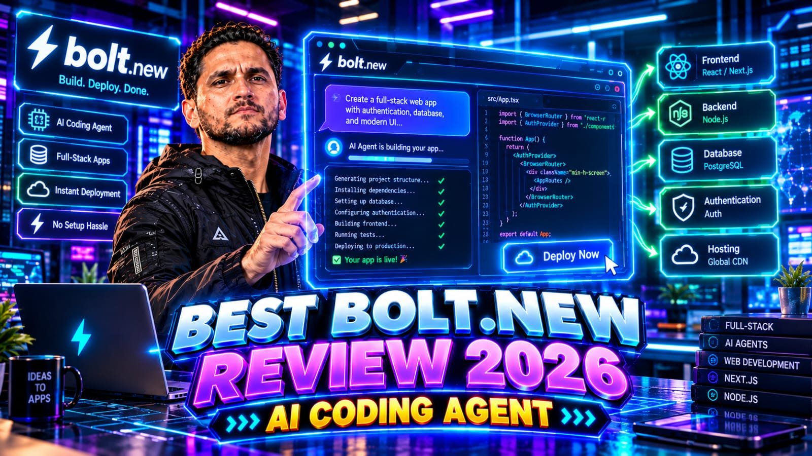 Bolt.new Review: Senior technical founder analyzing a futuristic web browser interface displaying an AI coding agent instantly generating and deploying full-stack web applications on a neon digital dashboard.
