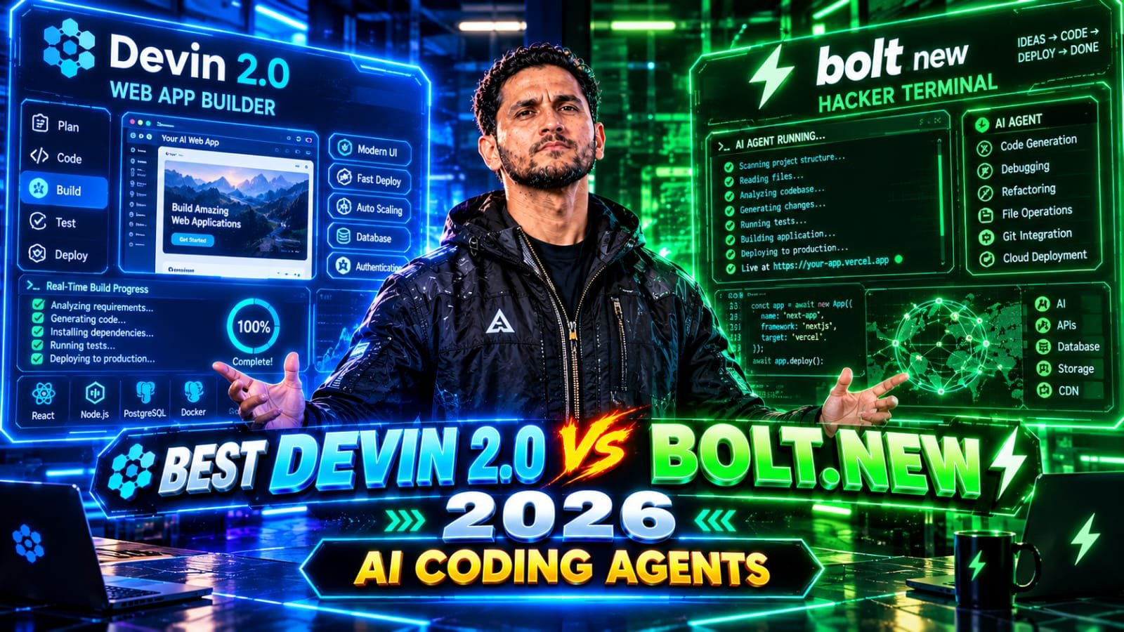 Devin 2.0 vs Bolt.new: Senior technical founder analyzing a split-screen dashboard comparing Bolt.new's collaborative browser environment with Devin 2.0's autonomous agent-native IDE.