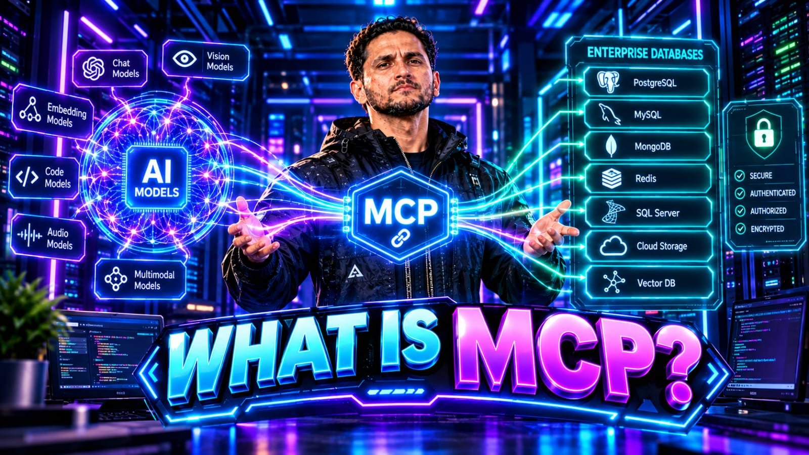 Model Context Protocol: Senior technical founder analyzing a glowing digital server room, bridging an AI model core with secure enterprise database nodes using MCP laser connections.