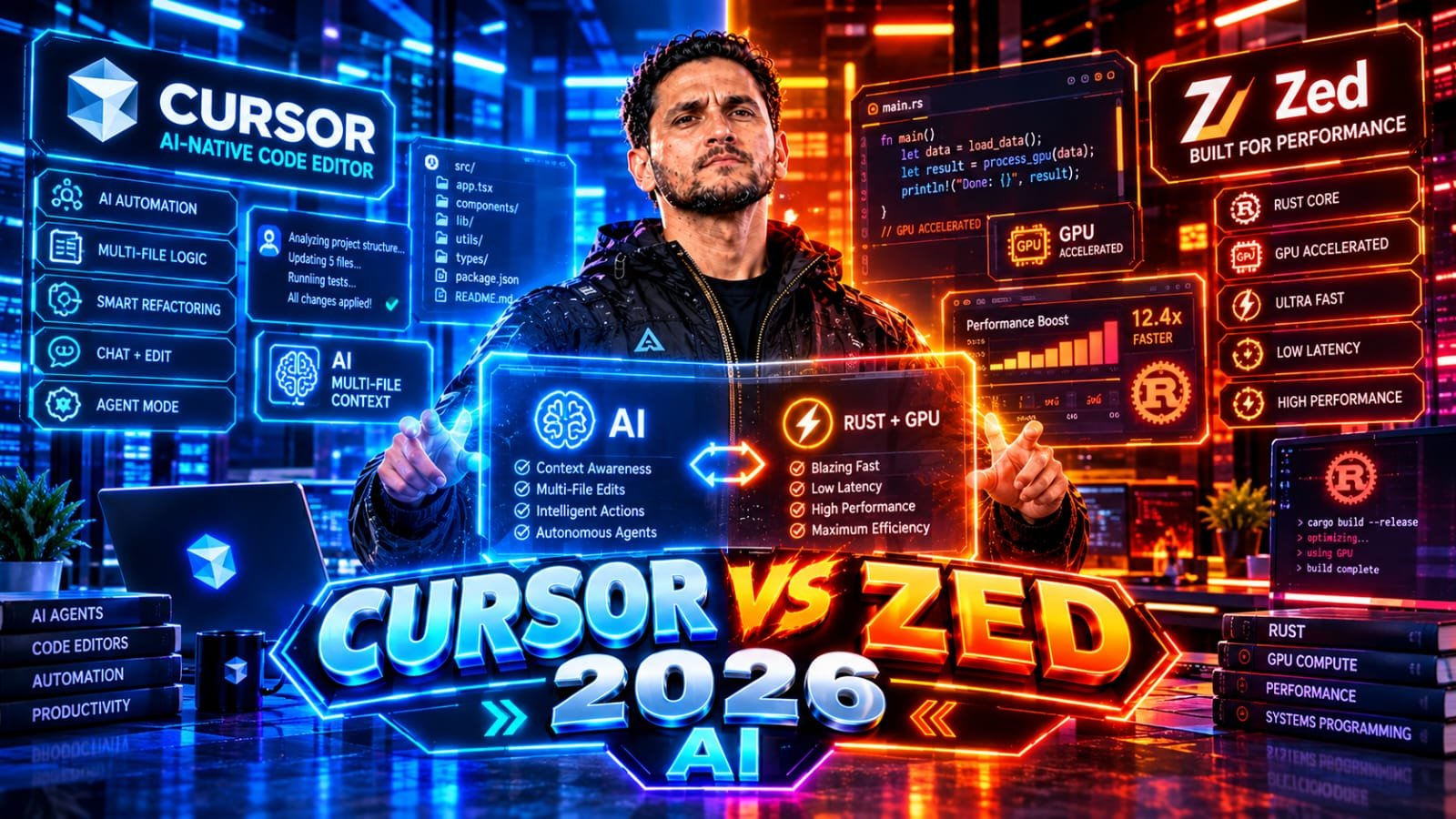 Cursor vs Zed 2026: Senior technical founder analyzing a split-screen digital developer environment comparing Rust-based GPU rendering with advanced AI multi-file code generation.