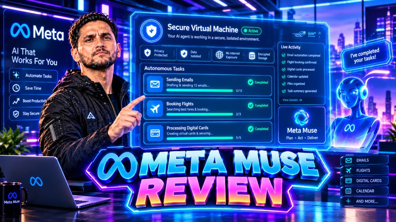 Meta Muse Review: Senior technical founder analyzing a secure virtual machine dashboard powered by Meta's AI agent, autonomously managing emails, calendars, and digital workflows on a glowing interface.