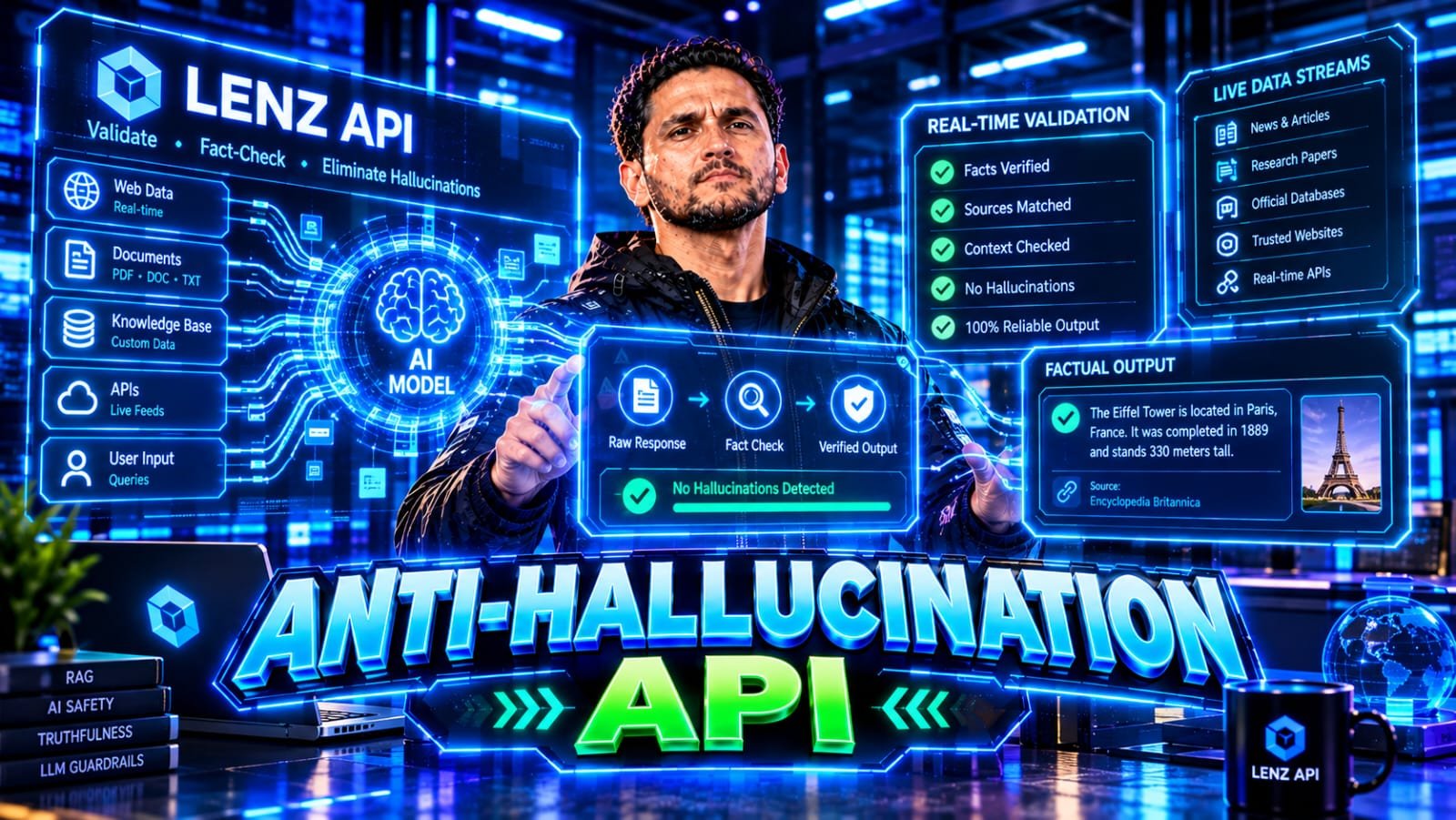 Lenz Review 2026: Senior technical founder analyzing a secure digital terminal bridging an AI model core with a complex, multi-layered real-time fact-checking verification protocol.