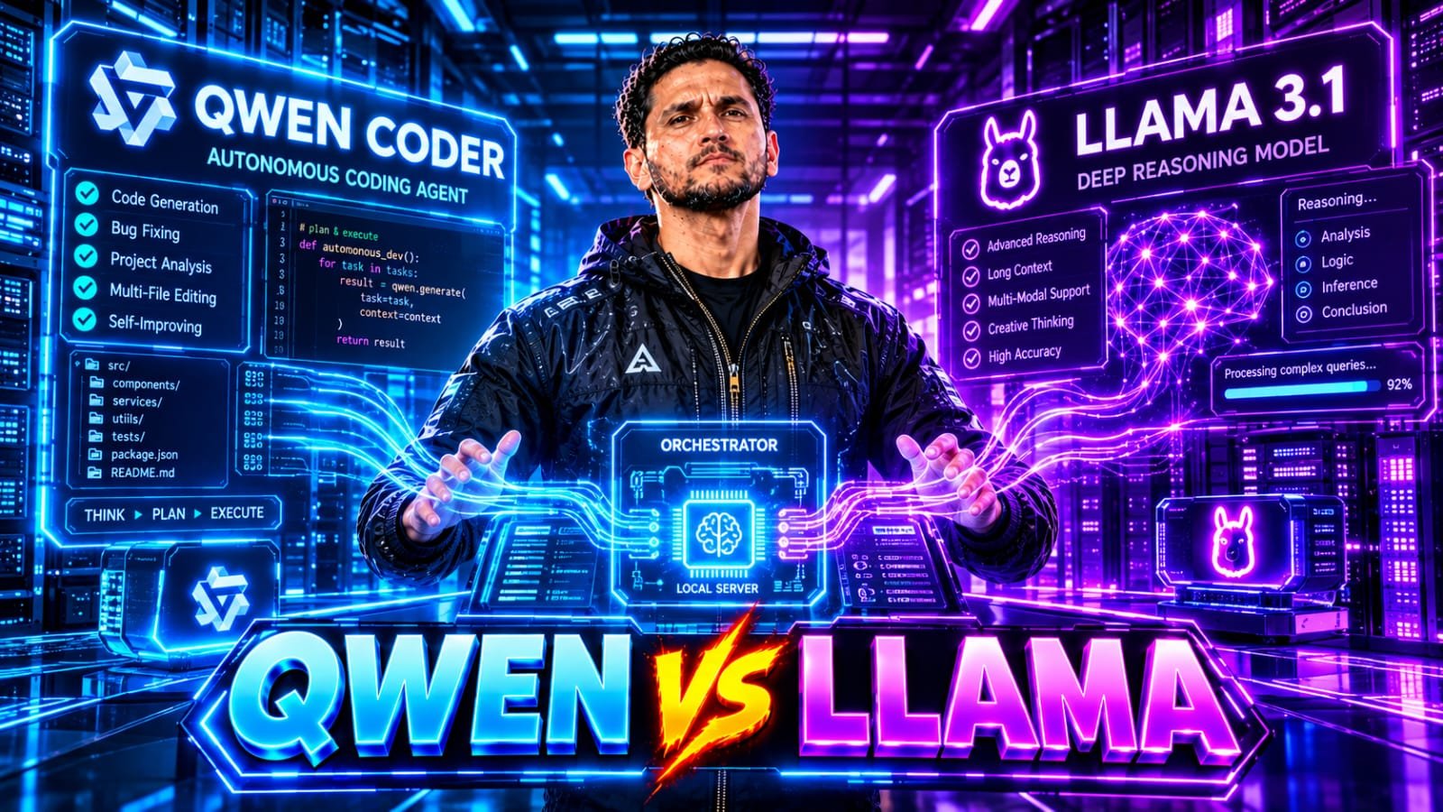Qwen 2.5 vs Llama 3.1: Senior technical founder analyzing a split-screen server dashboard comparing Alibaba's Qwen code generation metrics with Meta's Llama local reasoning capabilities.