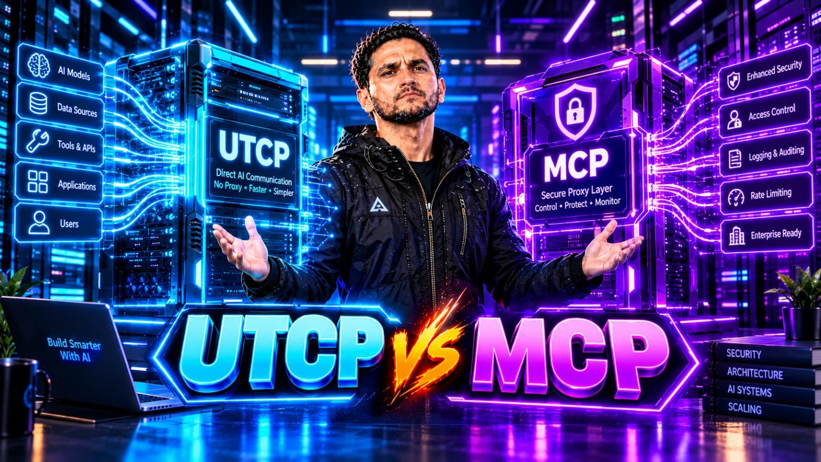 UTCP vs MCP 2026: Senior technical founder analyzing a split-screen system architecture comparing UTCP's direct JSON manual connections on the left with MCP's centralized, secure proxy server nodes on the right.