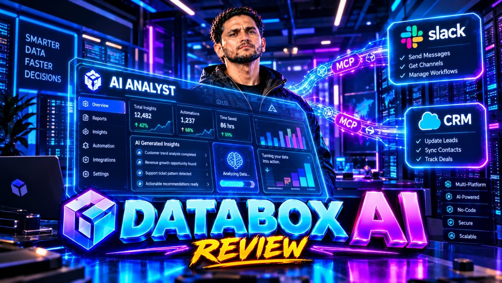 Databox Review 2026: Senior technical founder analyzing a dynamic digital dashboard where an AI Analyst uses MCP connectors to merge revenue graphs with real-time CRM and Slack context.