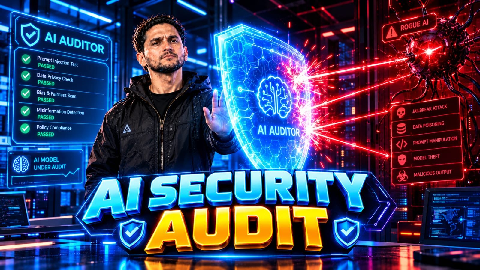 iFixAi Review 2026: Senior technical founder reviewing a complex security dashboard where an independent AI auditor runs 250 inspections and red teaming protocols on an enterprise AI agent.