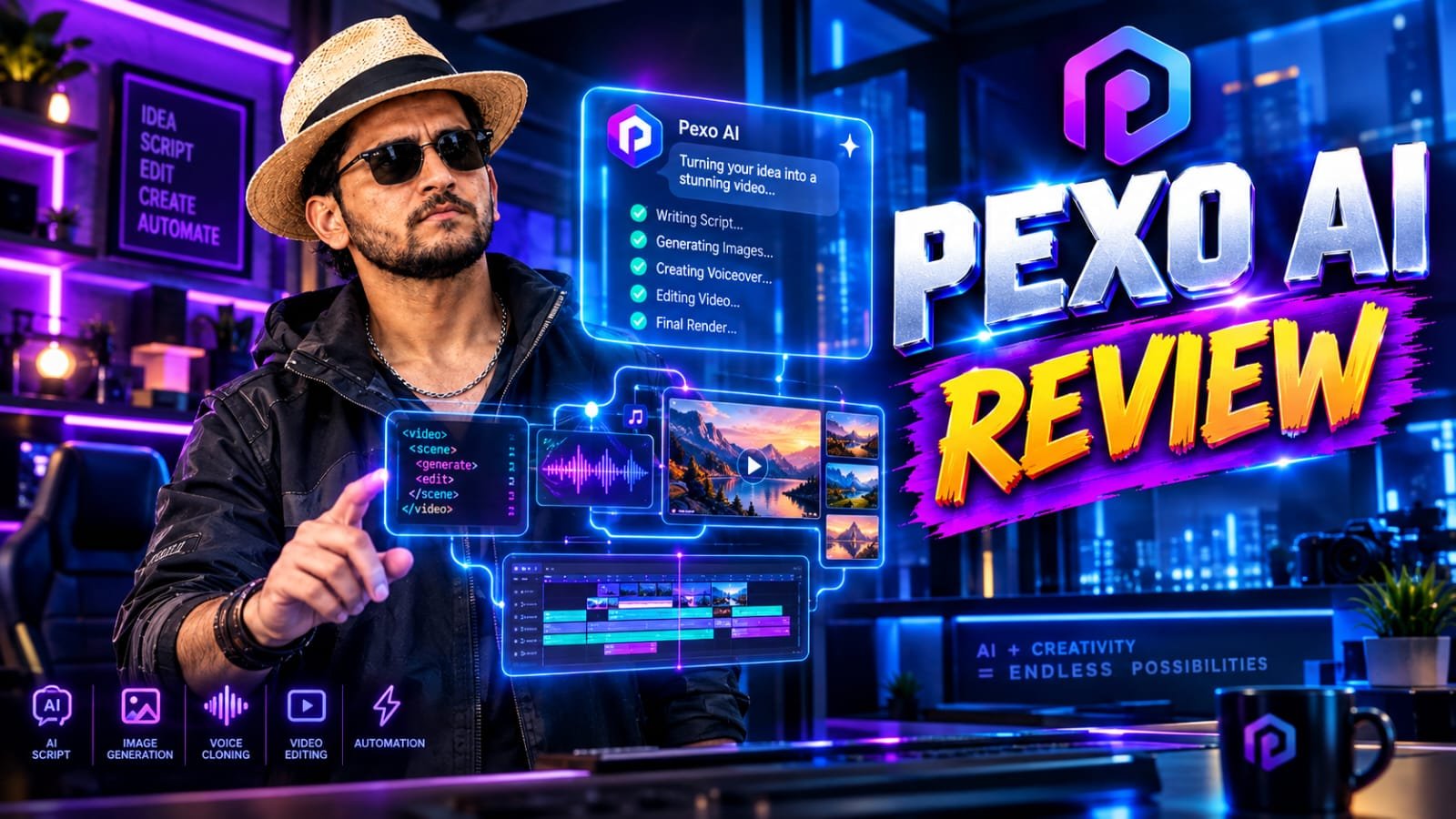Pexo Review 2026: Senior technical founder chatting with a conversational AI video agent dashboard, watching raw product URLs autonomously transform into fully edited, multi-shot launch videos with motion graphics and music.