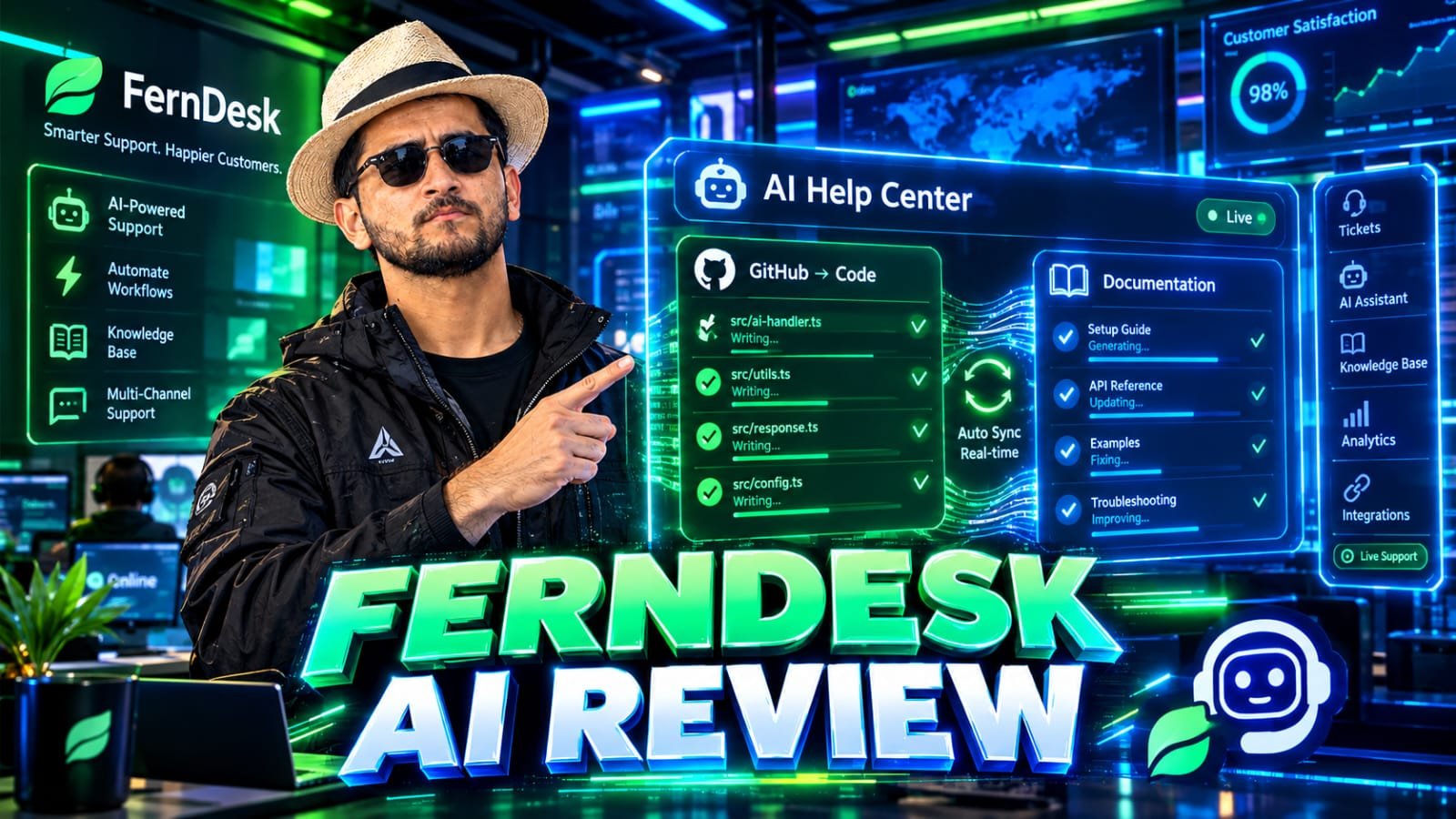Ferndesk Review 2026: Senior technical founder reviewing a dynamic AI help center dashboard where the Fern agent autonomously drafts documentation updates based on recent GitHub pull requests.